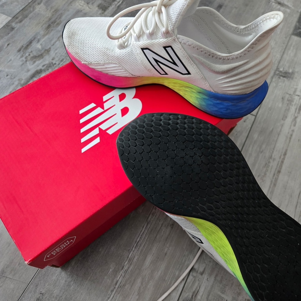 New Balance White Running Shoes with Rainbow Sole